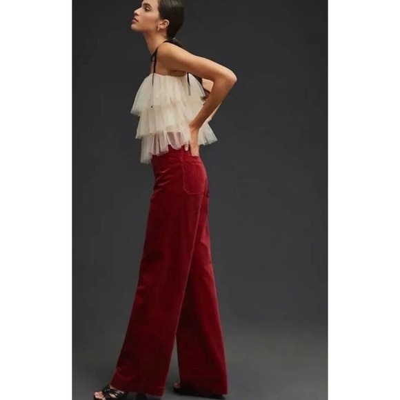 Anthropologie Maeve Colette Velvet Corduroy Wide Leg Pants 31 Red Full Length - Picture 15 of 16